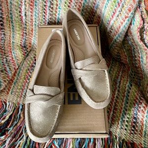 Lands End penny loafer in metallic gold suede